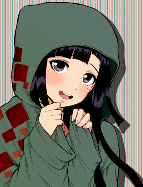 1girl, black_hair, blush, brown_eyes, cosplay, danganronpa_(series), danganronpa_2:_goodbye_despair, dosugon, female_focus, hood, hoodie, komaeda_nagito, komaeda_nagito_(cosplay), long_hair, mole, mole_under_eye, open_mouth, smile, solo, tsumiki_mikan
