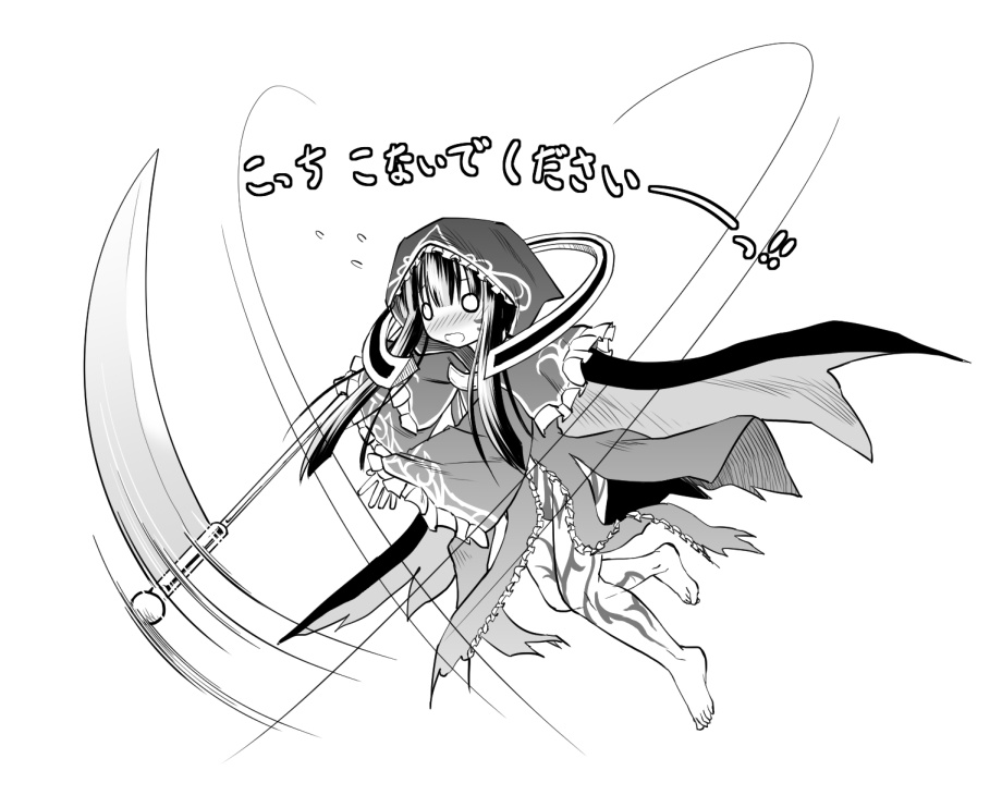 1girl, bad_id, bad_pixiv_id, barefoot, death_alma, emil_chronicle_online, female_focus, greyscale