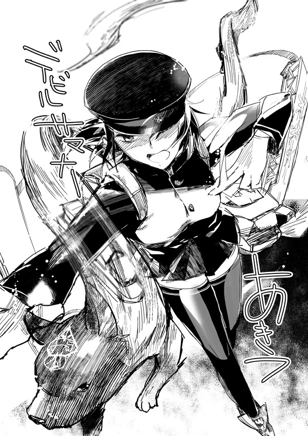 10s, 1girl, akitsu_maru_(kancolle), crossover, demon_(megami_tensei), devil_summoner_(series), dog, greyscale, hat, inugami_(megami_tensei), kantai_collection, look-alike, military, military_uniform, mochitarou, mochiyarou, monochrome, peaked_cap, shikigami, shin_megami_tensei, summoning