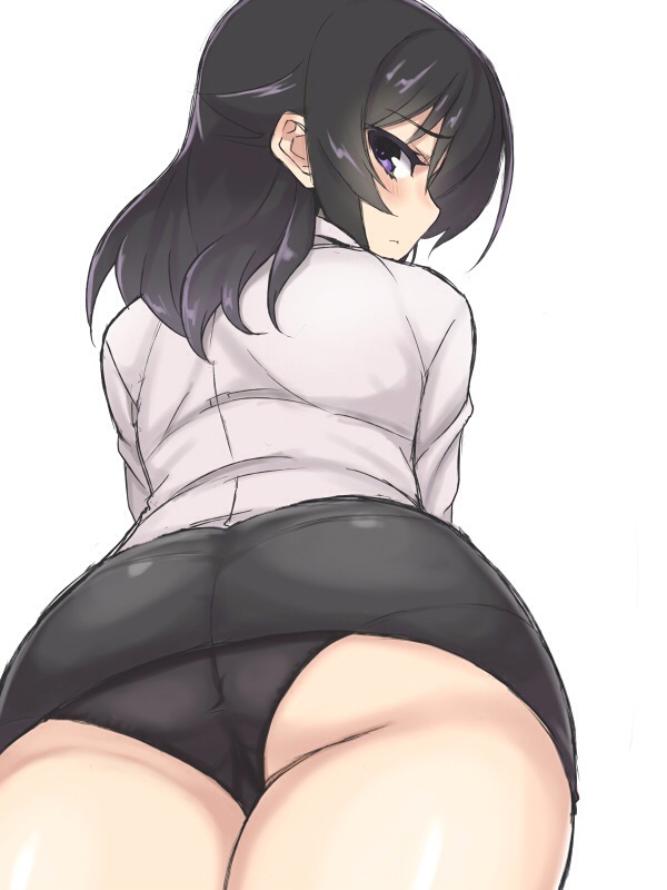 1girl, ass, black_hair, black_panties, blush, female_focus, from_behind, from_below, konohana_enishi, looking_at_viewer, maou, original, panties, pantyshot, pencil_skirt, purple_eyes, sengoku_aky, shirt, simple_background, skirt, solo, underwear, upskirt, white_background, white_shirt