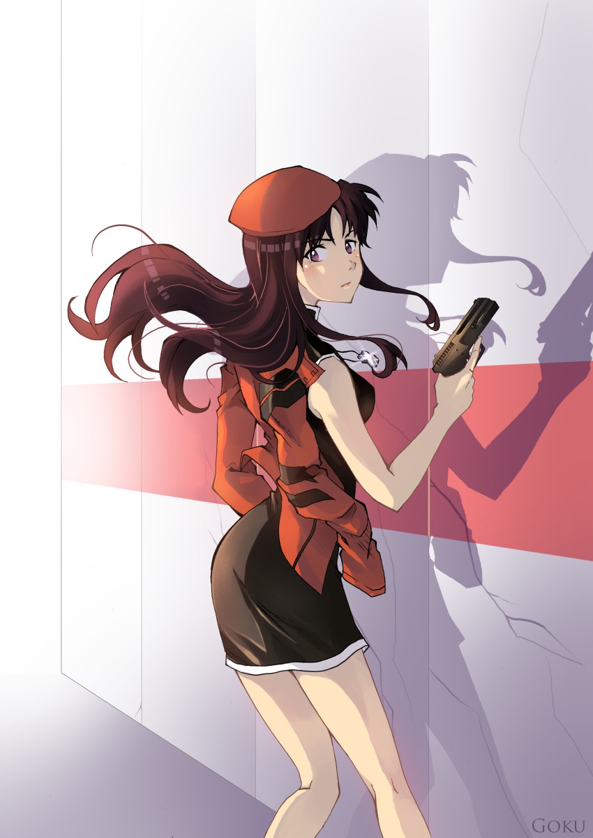 1girl, absurdres, cross, female_focus, goku-chan, gokuchan, gun, hat, highres, jewelry, katsuragi_misato, long_hair, necklace, neon_genesis_evangelion, shadow, solo, trigger_discipline, weapon