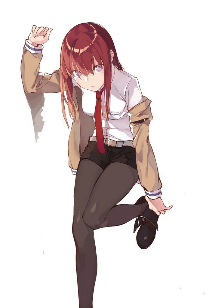 1girl, adjusting_clothes, adjusting_shoe, against_wall, alo1i, arm_up, bad_id, bad_twitter_id, black_pantyhose, blue_eyes, brown_hair, duoyuanjun, female_focus, jacket, leg_up, looking_at_viewer, makise_kurisu, necktie, off_shoulder, pantyhose, parted_lips, red_necktie, science_adventure, short_shorts, shorts, sidelocks, simple_background, solo, steins;gate, white_background