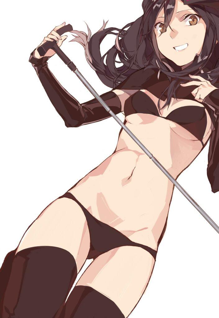 1girl, alo1i, bad_id, bad_twitter_id, bikini, black_bikini, black_hair, black_thighhighs, breasts, brown_eyes, cane, capelet, detached_sleeves, duoyuanjun, female_focus, grin, hair_between_eyes, long_hair, looking_at_viewer, lowleg, lowleg_bikini, lying, navel, simple_background, small_breasts, smile, solo, swimsuit, thigh_gap, thighhighs, underboob, white_background