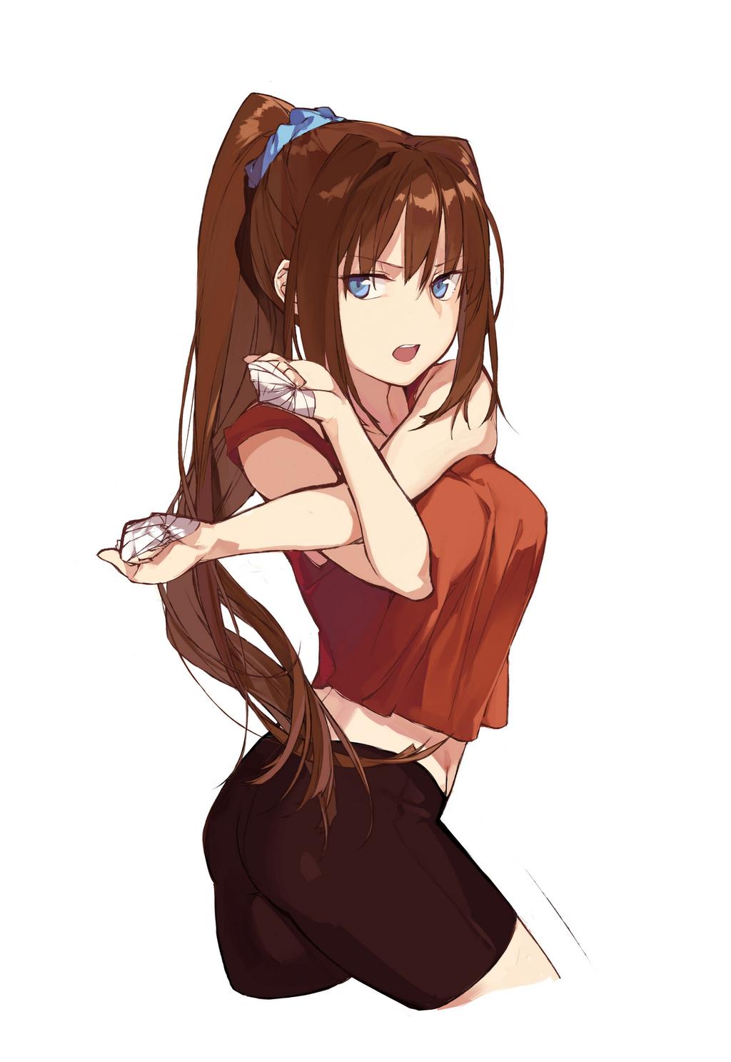 00s, 1girl, alo1i, aozaki_aoko, ass, bad_id, bad_twitter_id, bandaged_fingers, bandages, bike_shorts, blue_eyes, brown_hair, contrapposto, cowboy_shot, cropped_legs, duoyuanjun, female_focus, highres, long_hair, mahou_tsukai_no_yoru, midriff, open_mouth, ponytail, scrunchie, simple_background, solo, standing, stretching, tank_top, tsukihime, twisted_torso, very_long_hair, white_background