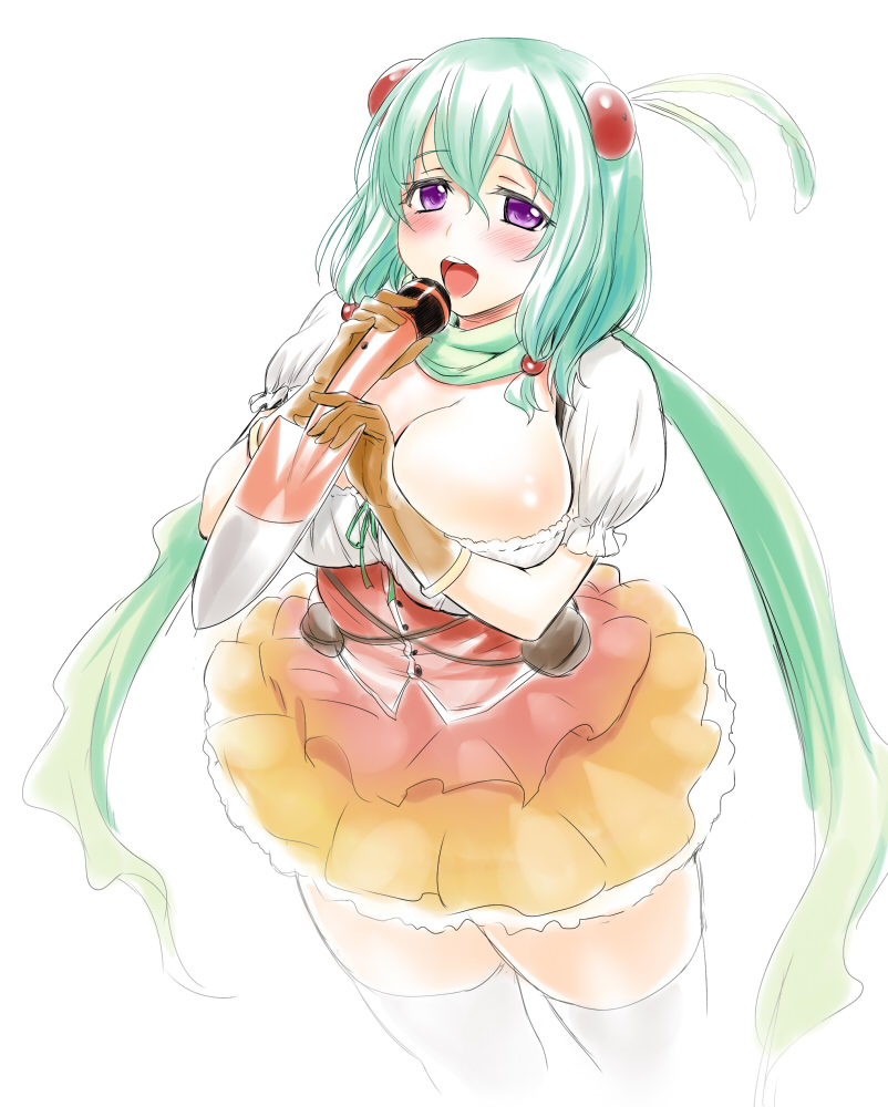 1girl, blush, breasts, cowboy_shot, feather_hair_ornament, feathers, female_focus, green_hair, hair_ornament, large_breasts, long_hair, ole_tower, open_mouth, purple_eyes, scarf, scoop_(ole_tower), shovel, skirt, solo, thighhighs, very_long_hair, white_thighhighs, worktool, zanzi, zettai_ryouiki