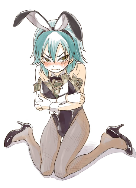 1boy, animal_ears, aqua_hair, bare_shoulders, blush, bow, bowtie, crossdressing, crossdressing_(mtf), detached_collar, fake_animal_ears, full_body, hairband, high_heels, inazuma_eleven_(series), inazuma_eleven_go, kariya_masaki, long_hair, male_focus, male_playboy_bunny, money, overexposure, pantyhose, playboy_bunny, rabbit_ears, riho, shoe_dangle, solo, sweat, thigh_gap, white_background, wrist_cuffs