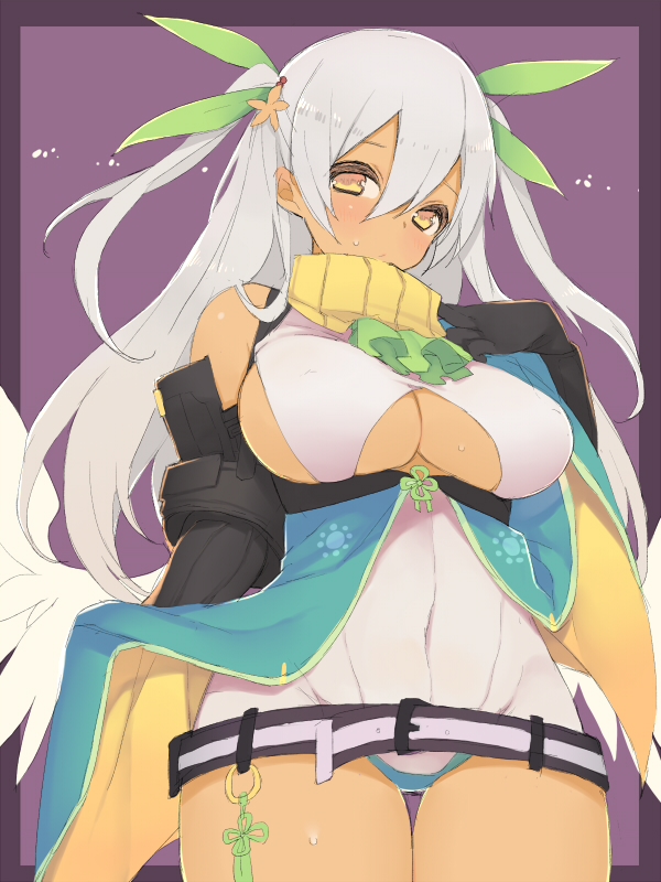 1girl, angel_wings, bad_id, bad_pixiv_id, belt, black_gloves, blush, breasts