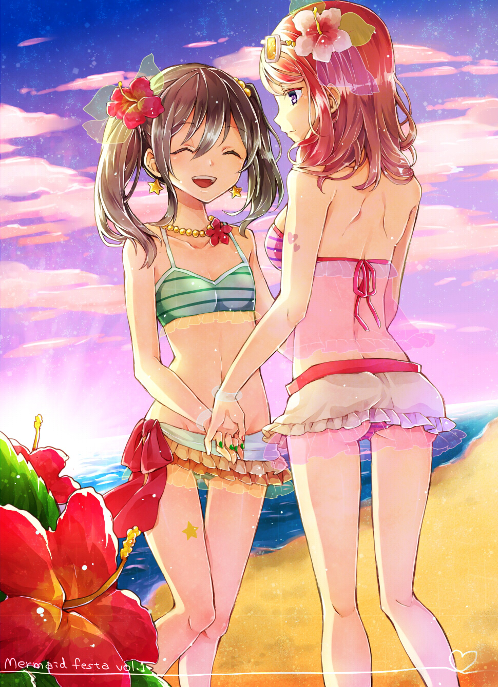 10s, 2girls, :d, ^_^, ass, back, bad_id, bad_pixiv_id, beach, beads, bikini, bikini_skirt, black_hair, bow, bracelet, breasts, closed_eyes, cloud, duplicate, earrings, eyewear_on_head, flat_chest, flower, frilled_bikini, frills, green_bikini, hair_bobbles, hair_flower, hair_ornament, happy, heart, hibiscus, highres, holding_hands, iukawa_hamosaku, jewelry, kneepits, looking_at_another, love_live!, love_live!_school_idol_project, multiple_girls, nail_polish, natsuiro_egao_de_1_2_jump!, necklace, nishikino_maki, ocean, open_mouth, outdoors, pink_bikini, purple_eyes, red_hair, see-through_clothes, short_hair, short_twintails, sideboob, sky, smile, song_name, standing, star_(symbol), star_earrings, striped_bikini, striped_clothes, sunglasses, sunset, swimsuit, tankini, tattoo, thigh_gap, twintails, water, yazawa_nico