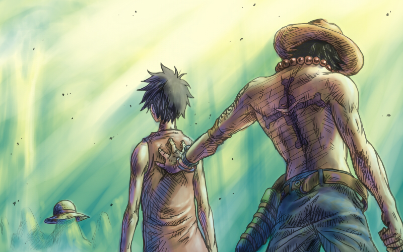 2boys, belt, bracelet, brothers, cowboy_hat, hat, unworn_headwear, jewelry, jolly_roger, jungle, male_focus, monkey_d._luffy, multiple_boys, nature, one_piece, pirate_costume, portgas_d._ace, s_h_a_m_o, sheath, topless_male, shueisha, siblings, straw_hat, tattoo, vest