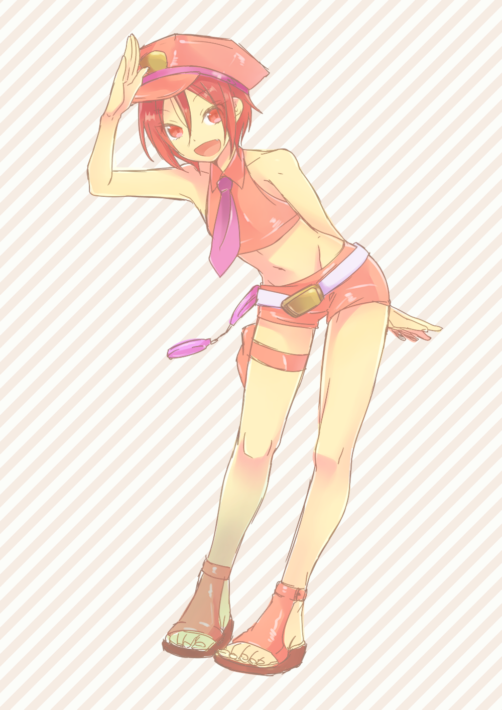 10s, 1boy, cuffs, fang, free!, full_body, future_fish, handcuffs, hat, highres, leaning_forward, male_focus, matsuoka_rin, memeo_(candy_house), midriff, navel, necktie, open_mouth, peaked_cap, police, police_hat, red_eyes, red_hair, salute, sandals, short_hair, short_shorts, shorts, solo, trap