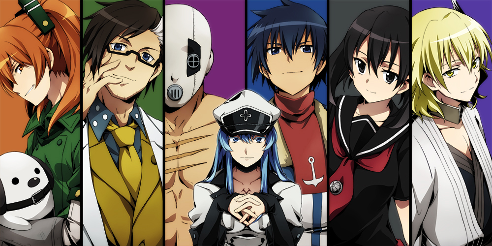 10s, 3boys, 4girls, akame_ga_kill!, bad_id, bad_pixiv_id, black_eyes, black_hair, blonde_hair, blue_eyes, blue_hair, bols, brown_eyes, brown_hair, choker, column_lineup, dr._stylish, esdeath, glasses, hands_together, hat, hekatonkheires, interlocked_fingers, kurome_(akame_ga_kill!), lab_coat, long_hair, looking_at_viewer, mask, military, military_uniform, multiple_boys, multiple_girls, necktie, orange_eyes, orange_hair, peaked_cap, ponytail, run_(akame_ga_kill!), scar, school_uniform, serafuku, seryu_ubiquitous, short_hair, smile, square_enix, tarou_(run), wave_(akame_ga_kill!), yellow_eyes
