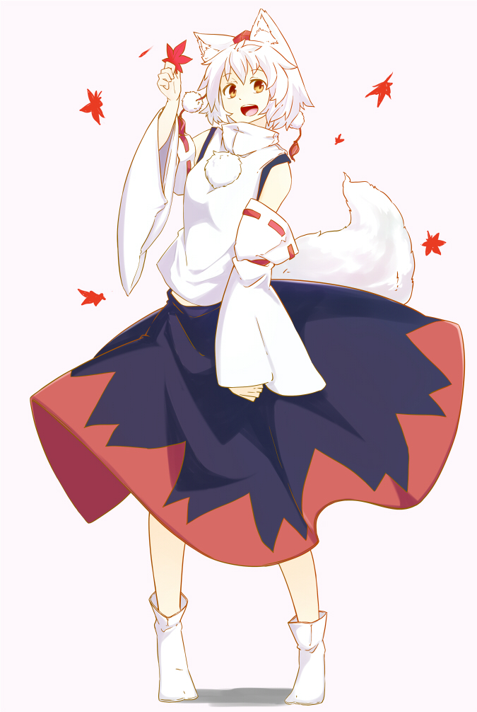 1girl, animal_ears, autumn_leaves, bare_shoulders, detached_sleeves, female_focus, full_body, hat