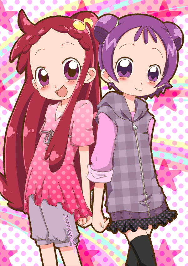 2girls, alternate_costume, alternate_hairstyle, bad_id, bad_pixiv_id, blush, hair_down, harukaze_doremi
