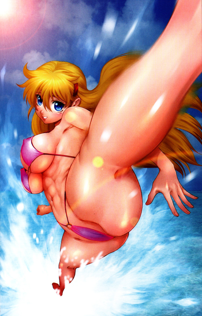 10s, 1girl, abs, absurdres, ass, bikini, blonde_hair, blue_eyes, breasts, covered_erect_nipples, female_focus, furinji_miu, highres, kicking, large_breasts, long_hair, matsuena_shun, mole, muscular, official_art, shijou_saikyou_no_deshi_ken'ichi, sideboob, solo, split, spread_legs, swimsuit, underboob, water