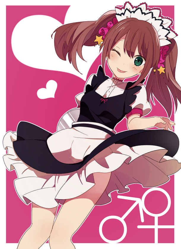 10s, 1boy, 4_(nakajima4423), ;p, brown_hair, crossdressing, crossdressing_(mtf), dutch_angle, green_eyes, heart, idolmaster, idolmaster_side-m, maid, maid_headdress, male_focus, male_maid, mars_symbol, mizushima_saki, one_eye_closed, pantyhose, solo, star_(symbol), tongue, tongue_out, trap, tray, twintails, venus_symbol, white_pantyhose, wink