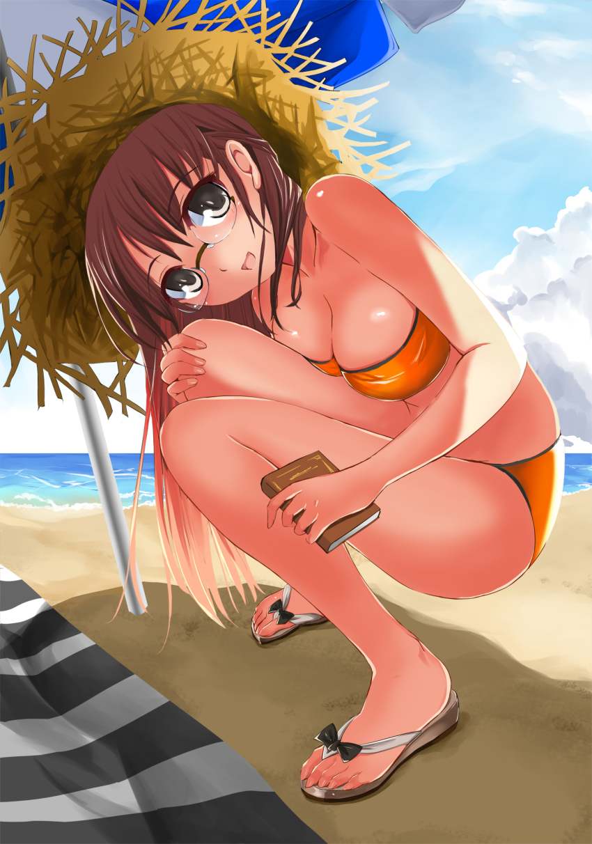 1girl, :d, beach, beach_towel, beach_umbrella, bikini, black_eyes, book