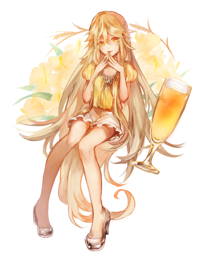 1girl, blonde_hair, drink, eim_(gaziko), food, fruit, high_heels, long_hair