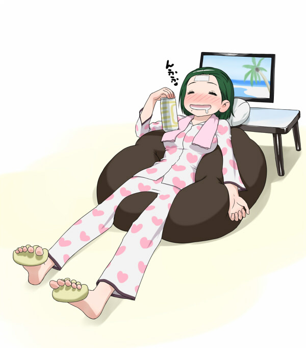 1girl, alcohol, bean_bag_chair, beer, blush, breasts, can, closed_eyes