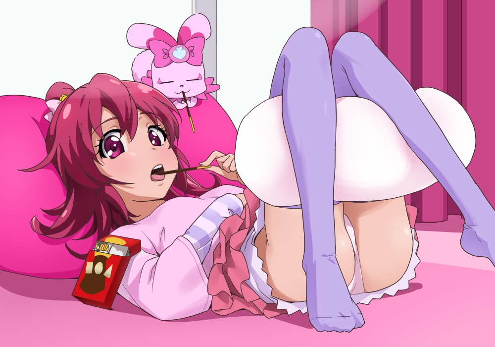 1girl, aida_mana, blouse, bow, dokidoki!_precure, feet, food, looking_at_viewer, lying, no_shoes, on_back, open_mouth, panties, pillow, pink_bow, pink_eyes, pink_hair, pink_shirt, pocky, precure, purple_thighhighs, sakecho, sharuru_(precure), shirt, short_hair, thighhighs, underwear