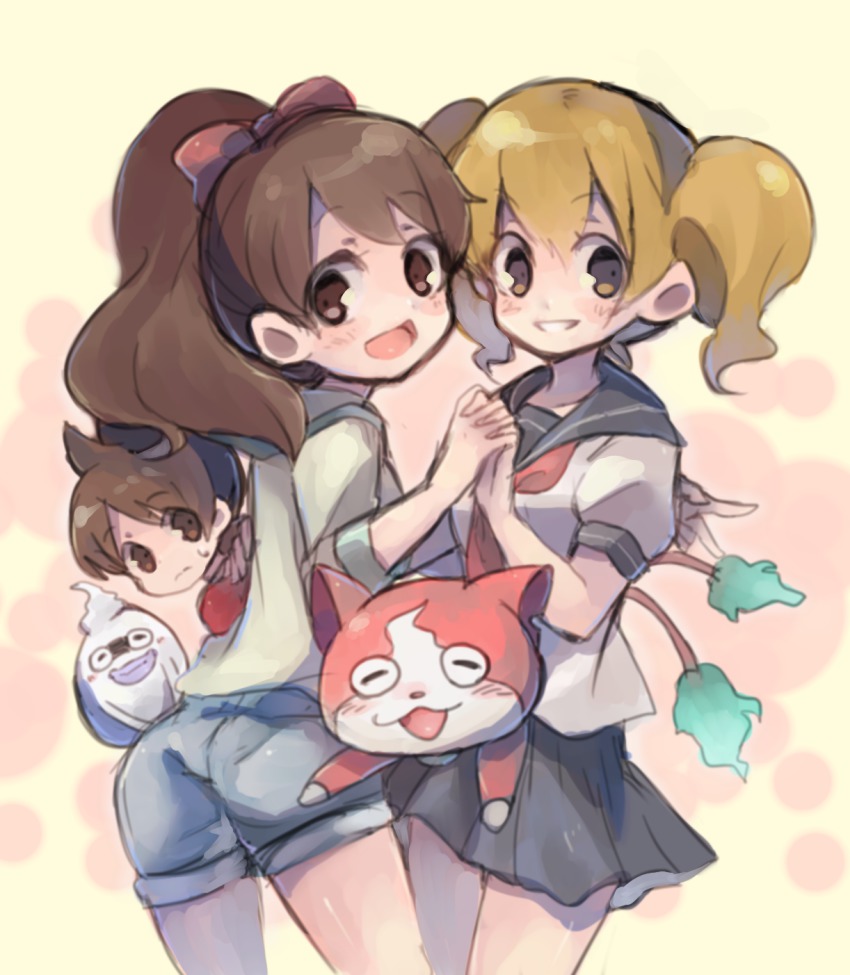 10s, 1boy, 2girls, amano_keita, bad_id, bad_pixiv_id, blush, brown_eyes, brown_hair, cat, emi-chan, fire, flame-tipped_tail, ghost, highres, holding_hands, jibanyan, kodama_fumika, long_hair, looking_back, multiple_girls, multiple_tails, nankai, notched_ear, parted_lips, ponytail, purple_lips, school_uniform, serafuku, short_hair, skirt, tail, traditional_youkai, two_tails, whisper_(youkai_watch), youkai_watch