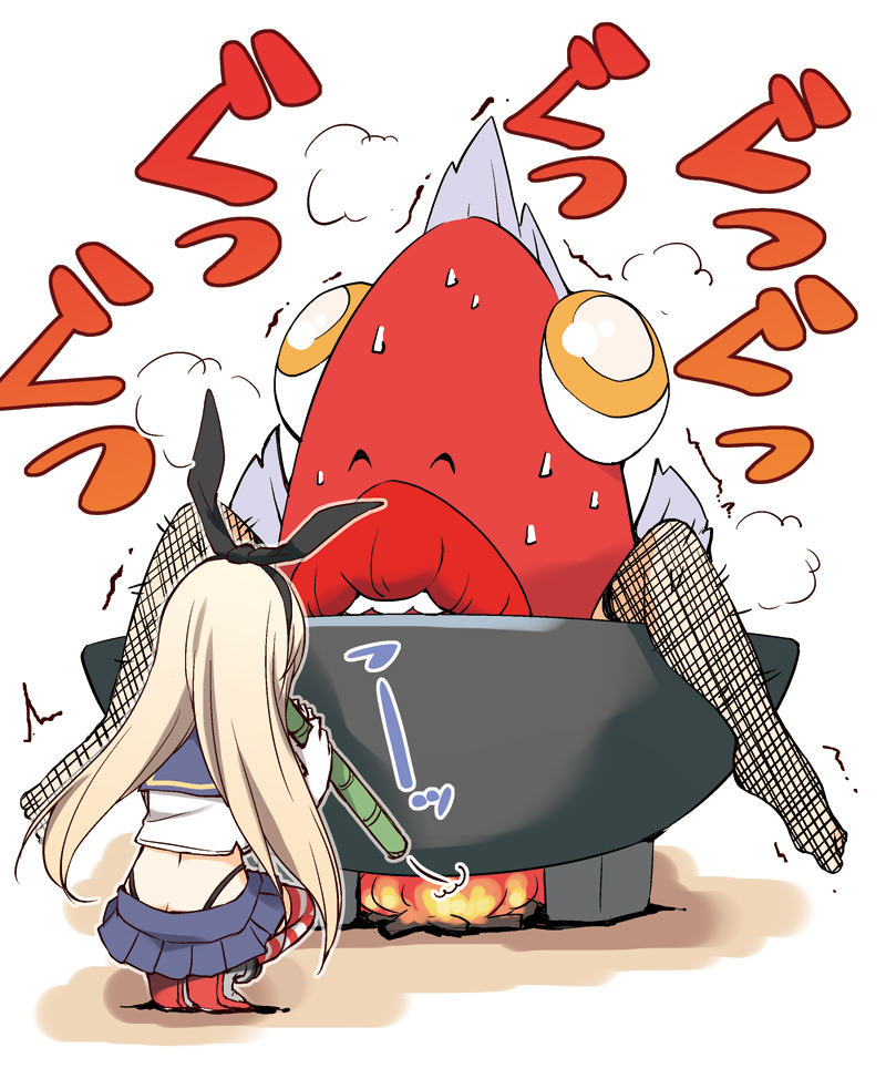 10s, 1girl, bamboo, blowing, comic, cooking, fish, hairband