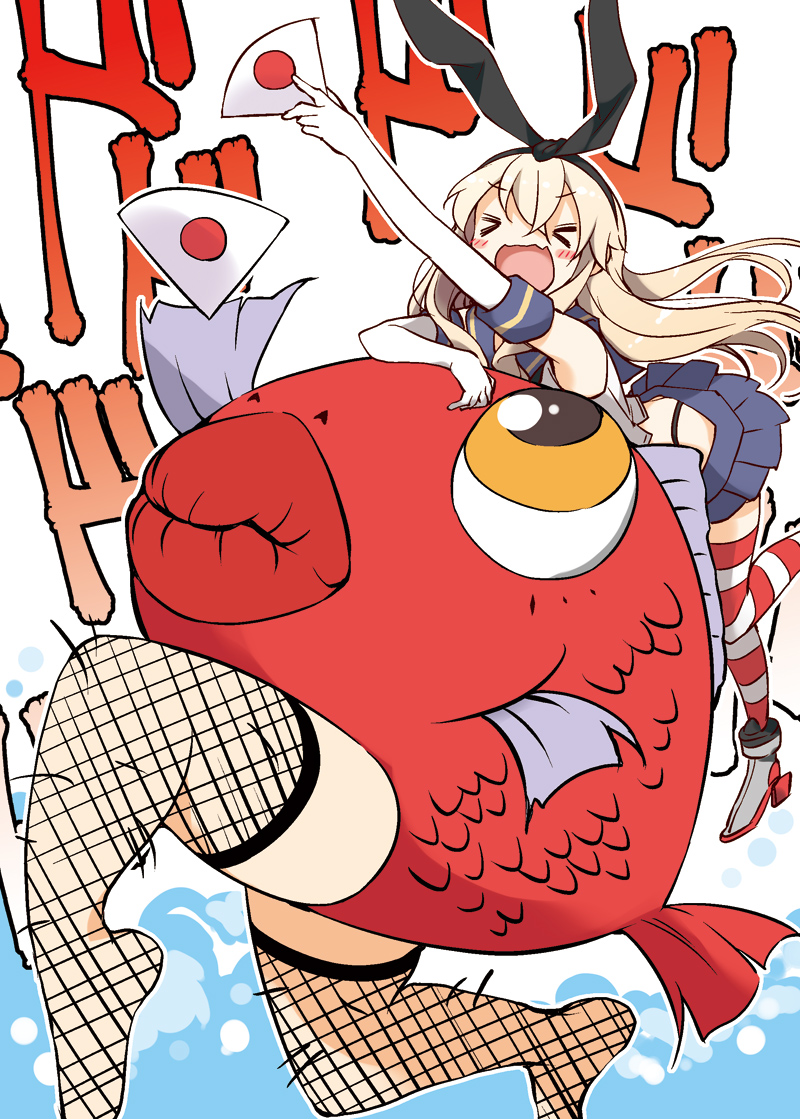 >_<, 10s, :d, blush_stickers, closed_eyes, comic, elbow_gloves, fish