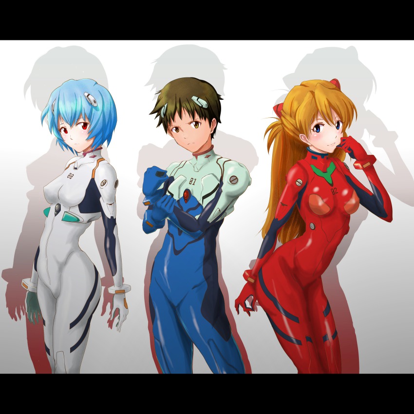1boy, 2girls, absurdres, ayanami_rei, blue_eyes, blue_hair, brown_eyes, brown_hair