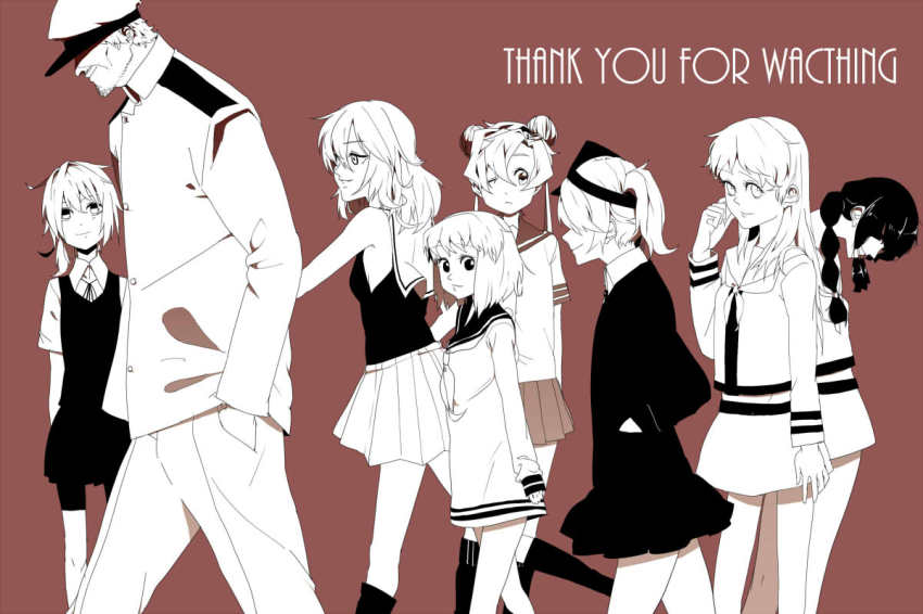 10s, 1boy, 6+girls, abukuma_(kancolle), admiral_(kancolle), bad_id, bad_pixiv_id, braid