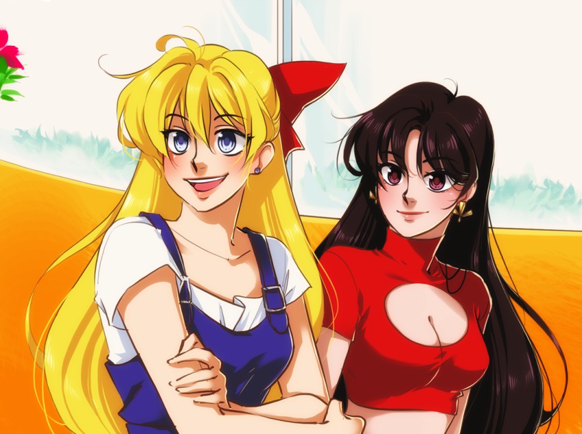 2girls, aino_minako, bishoujo_senshi_sailor_moon, black_hair, blonde_hair, bow, breasts, cleavage