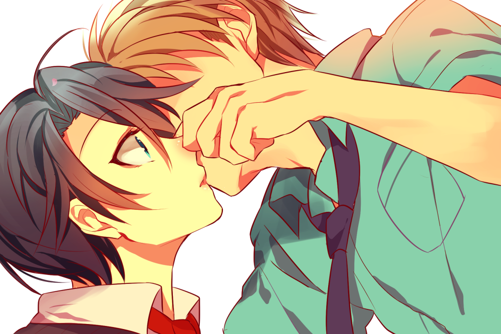 10s, 1boy, 1girl, aqua_shirt, blue_hair, brown_hair, collared_shirt, gekkan_shoujo_nozaki-kun