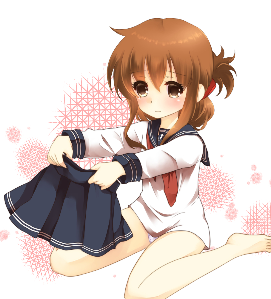 10s, 1girl, barefoot, brown_eyes, brown_hair, female_focus, folded_ponytail, holding