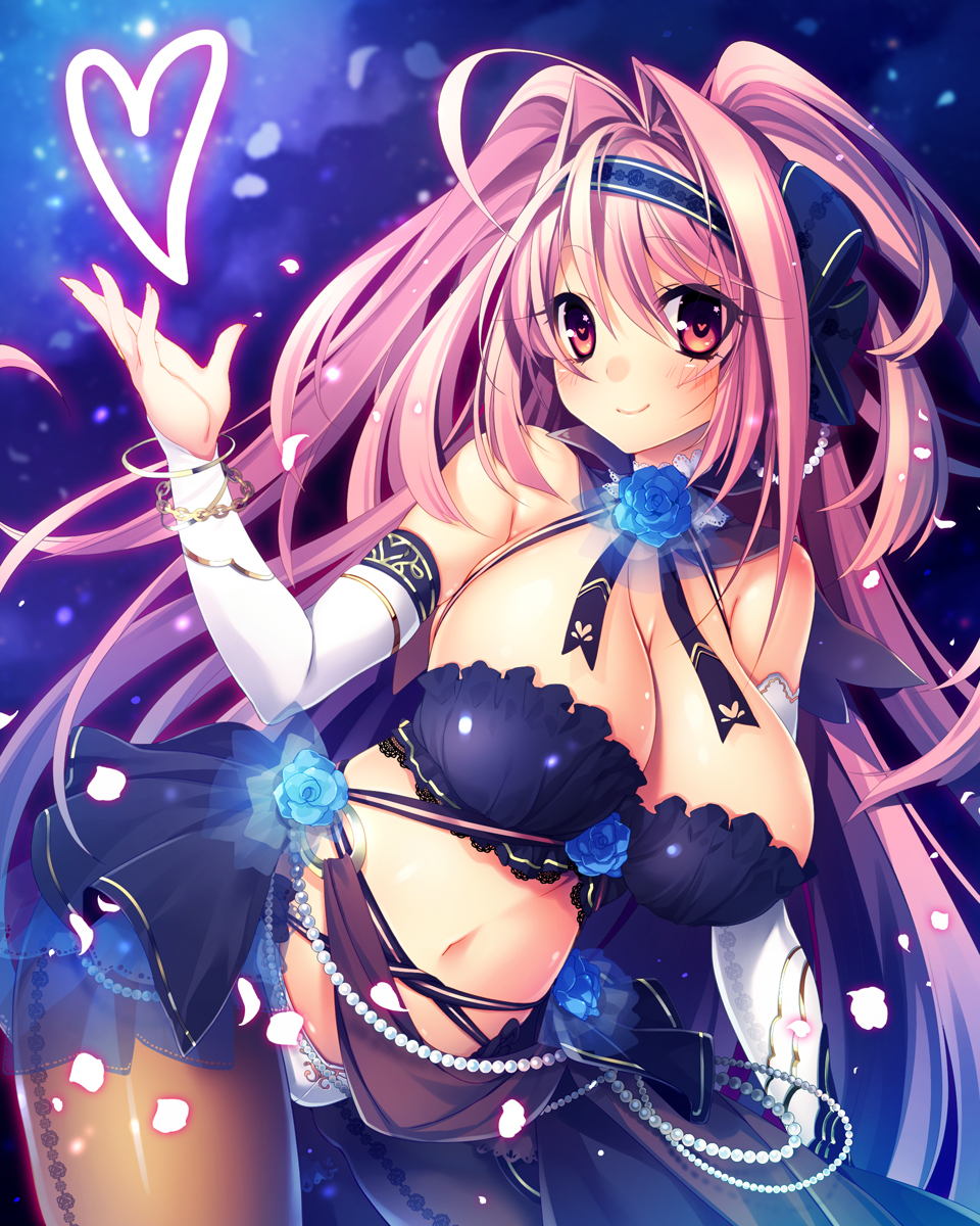 1girl, ahoge, black_legwear, blue_flower, blue_rose, blush, breasts, bridal_gauntlets, cleavage, female_focus, flower, hair_intakes, hairband, heart, heart-shaped_pupils, highres, kinosaki_reisui, large_breasts, long_hair, looking_at_viewer, navel, original, petals, pink_eyes, pink_hair, rose, smile, solo, symbol-shaped_pupils