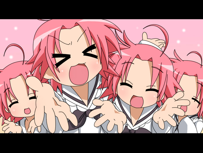 >_<, 00s, 1girl, ahoge, bad_id, bad_pixiv_id, clone, closed_eyes