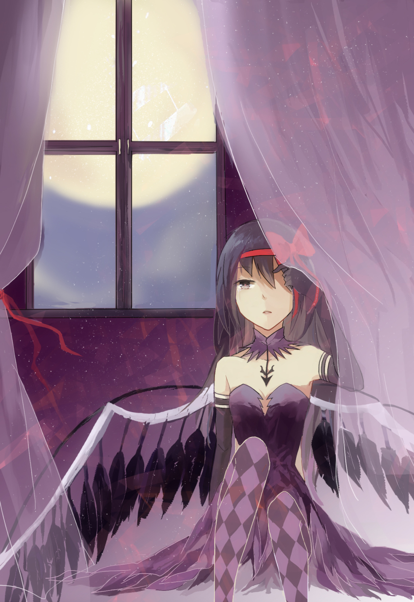 10s, 1girl, akemi_homura, akuma_homura, argyle_clothes, argyle_legwear, bad_id, bad_pixiv_id, bare_shoulders, black_dress, black_gloves, black_hair, bow, choker, dress, elbow_gloves, feathered_wings, female_focus, full_moon, gloves, hair_bow, highres, indoors, long_hair, looking_at_viewer, mahou_shoujo_madoka_magica, mahou_shoujo_madoka_magica:_hangyaku_no_monogatari, moon, playing_with_own_hair, pota_(harmony), purple_eyes, sitting, solo, spoilers, wings