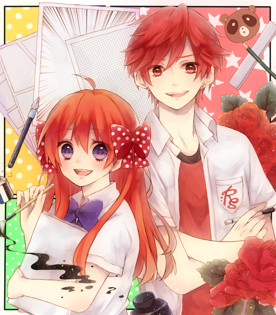 10s, 1boy, 1girl, :d, bow, calligraphy_brush, earrings, eraser