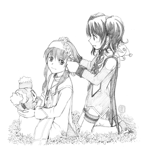 00s, 1boy, 1girl, anise_tatlin, greyscale, hair_tubes, ion_(tales), mieu_(tales)