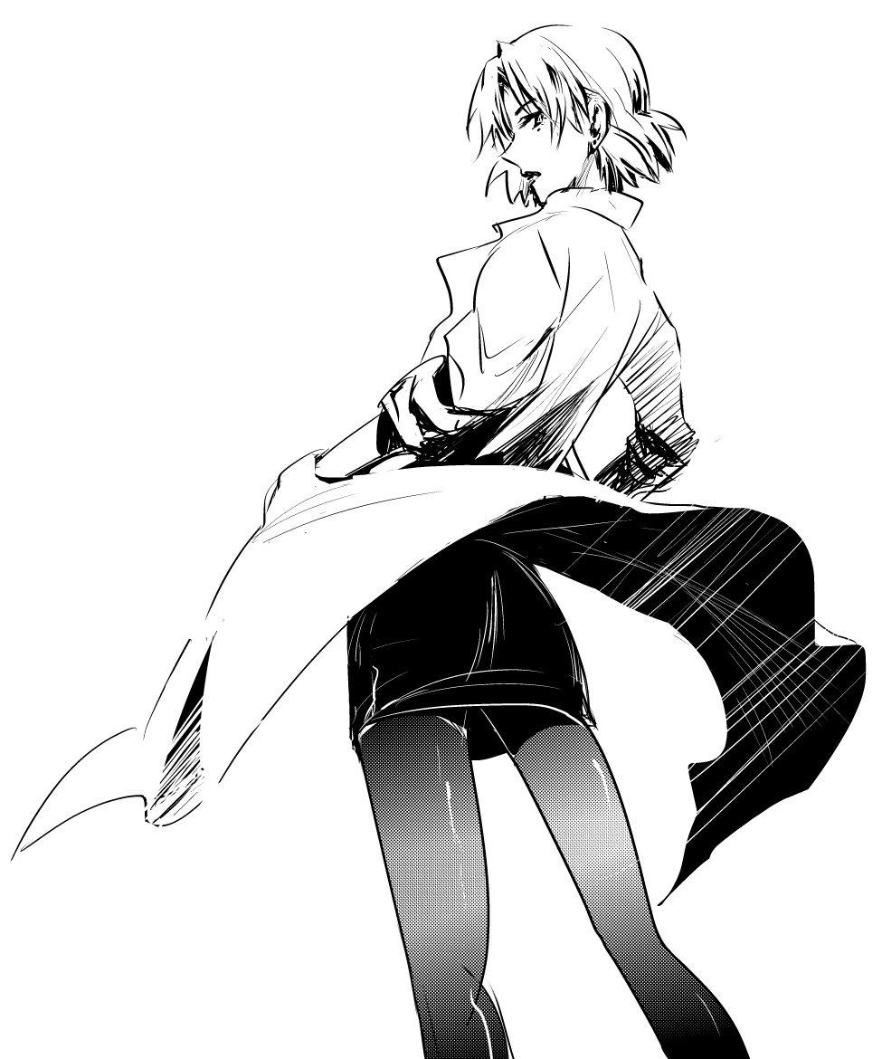 1girl, akagi_ritsuko, back-seamed_legwear, bad_id, bad_pixiv_id, female_focus, from_behind, greyscale