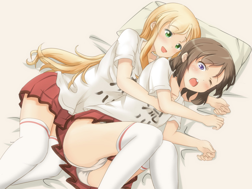 10s, 2girls, :d, bed, blonde_hair, blush, breasts, brown_hair, clothes_writing, futsuu_no_joshikousei_ga_locodol_yattemita, green_eyes, hug, hug_from_behind, kohinata_yukari, long_hair, multiple_girls, open_mouth, panties, pantyshot, pillow, purple_eyes, shirt, short_hair, skirt, smile, t-shirt, thighhighs, underwear, usami_nanako, wata_niki, white_legwear, yuri