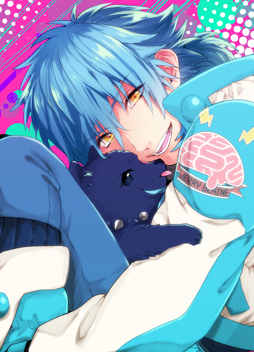 10s, 1boy, bad_id, bad_pixiv_id, blue_hair, coat, dog, dramatical_murder