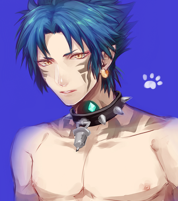 10s, 1boy, bad_id, bad_pixiv_id, blue_background, blue_hair, collar, dramatical_murder