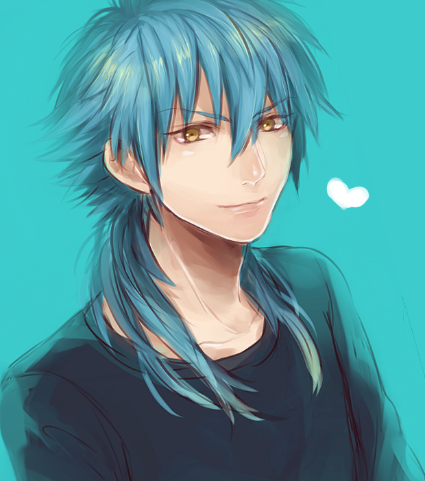 10s, 1boy, bad_id, bad_pixiv_id, blue_background, blue_hair, dramatical_murder, heart