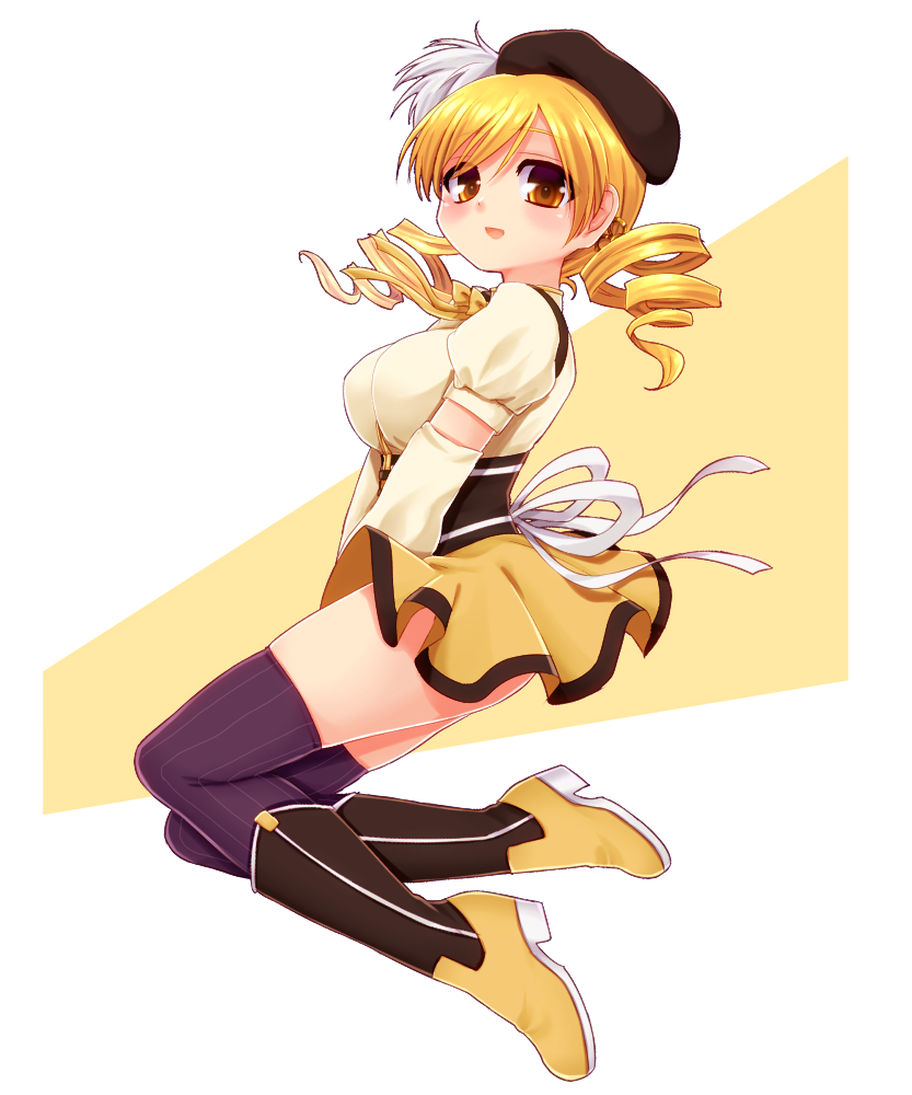 10s, 1girl, bad_id, bad_pixiv_id, beret, blonde_hair, boots, breasts