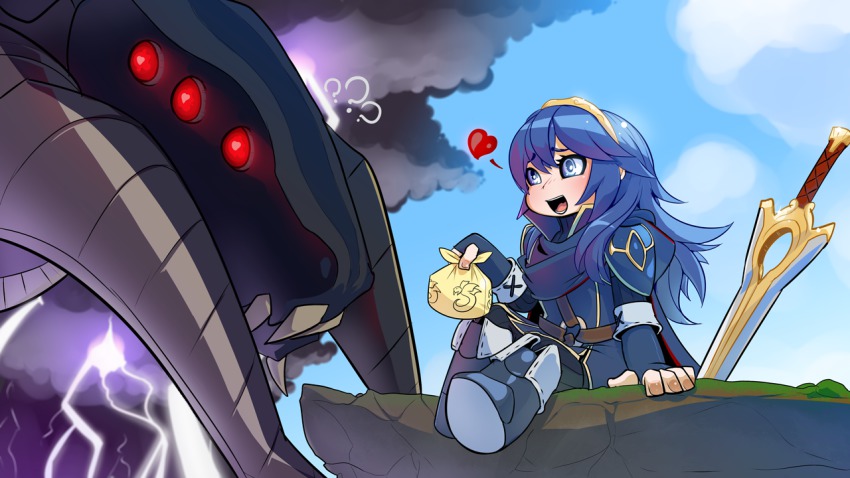 blue_hair, blue_sky, boxed_lunch, chibi, cliff, dragon, drowtales_(artist), extra_eyes, fire_emblem, fire_emblem_awakening, grima_(fire_emblem), hairband, heart, lightning, long_hair, lucina_(fire_emblem), monster, nintendo, open_mouth, sitting, sky, sword, weapon