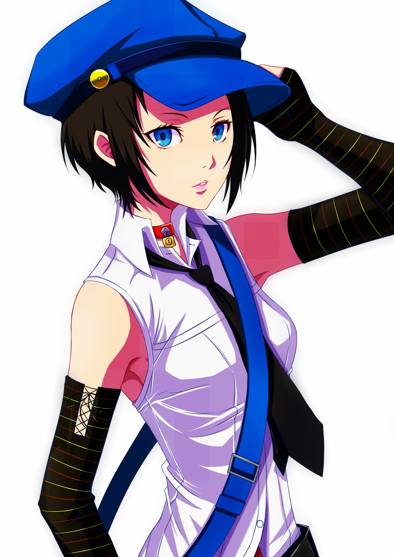 1girl, bag, black_hair, blue_eyes, newsboy_cap, choker, elbow_gloves, female_focus