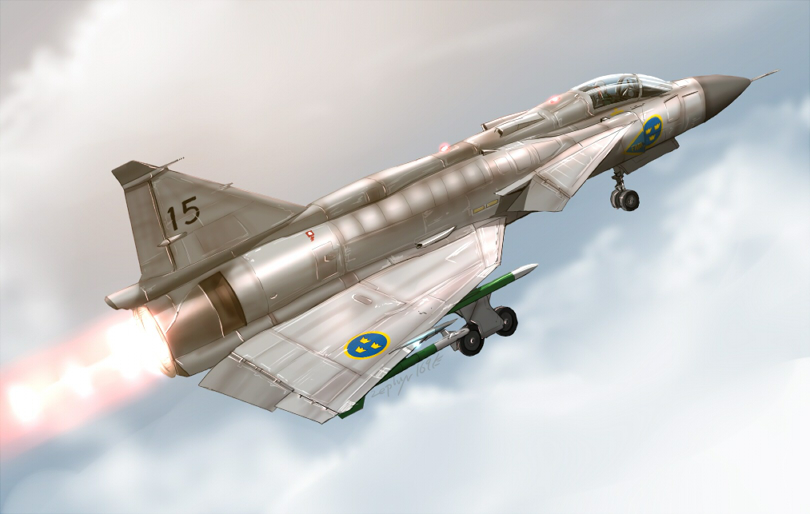 afterburner, aircraft, airplane, fighter_jet, flying, military, military_vehicle, missile, no_humans, original, realistic, saab_viggen, signature, swedish_air_force, vehicle_focus, zephyr164
