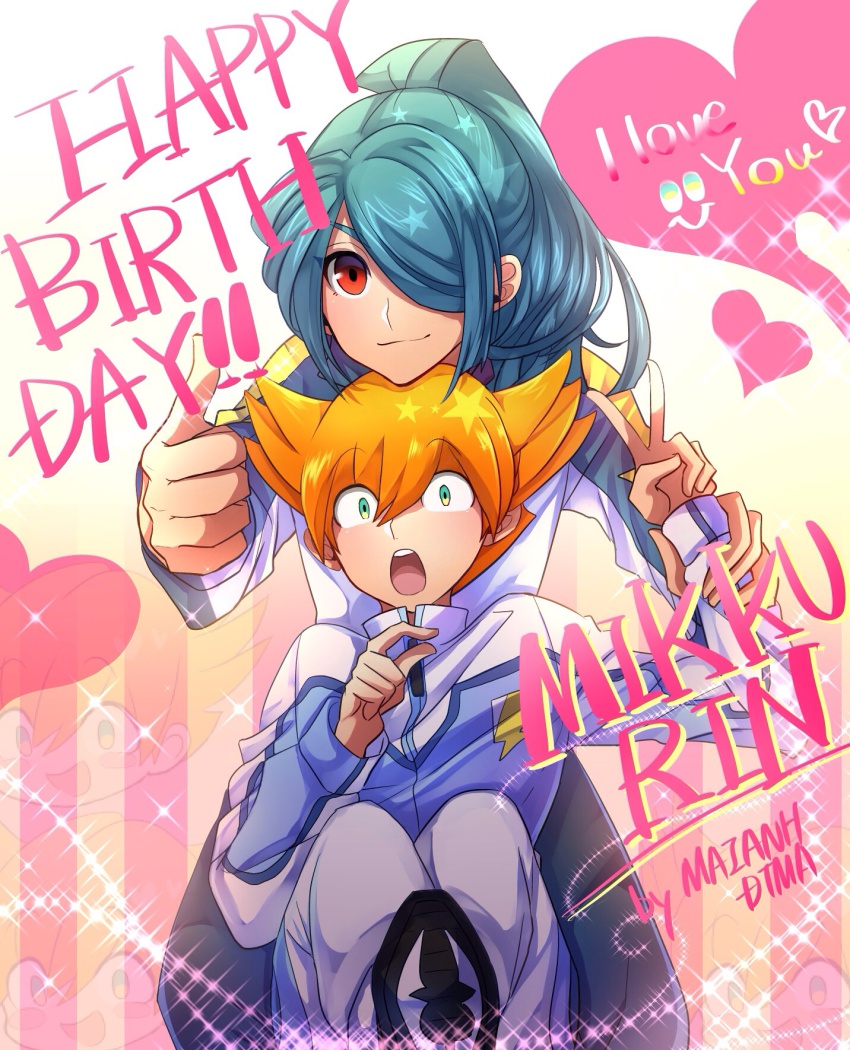 2boys, aqua_eyes, bad_id, bad_pixiv_id, birthday, crossover, earth_eleven, english_text