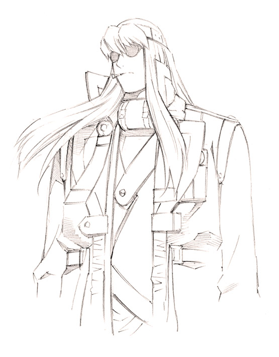 1boy, bolt_crank, eat-man, long_hair, male_focus, monochrome, sketch, solo