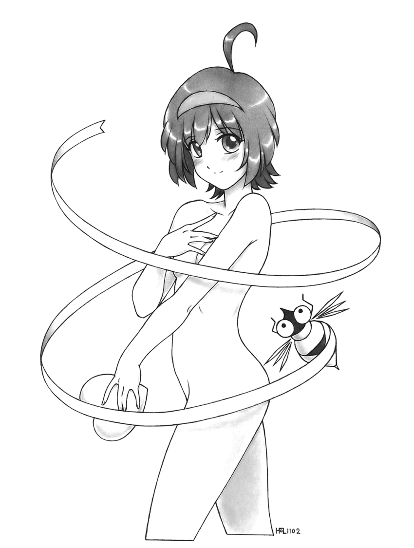 1girl, ahoge, bee, blush, bug, collarbone, cowboy_shot, cropped_legs, female_focus, graphite_(medium), greyscale, hairband, harumachi_nagaaki, heart, highres, hudson, insect, monochrome, nude, ribbon, simple_background, smile, solo, traditional_media, white_background