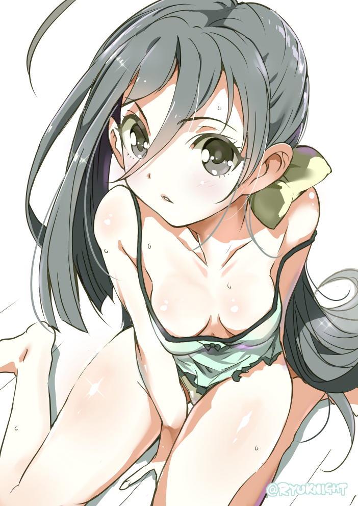 10s, 1girl, ahoge, babydoll, bare_legs, bare_shoulders, barefoot, between_legs, blush, breasts, cleavage, downblouse, female_focus, from_above, grey_eyes, grey_hair, hair_ribbon, hand_between_legs, kantai_collection, kiyoshimo_(kancolle), lingerie, long_hair, looking_at_viewer, looking_up, naitou_ryuu, open_mouth, panties, ribbon, side_ponytail, sitting, small_breasts, solo, strap_slip, sweat, underwear, very_long_hair, wariza
