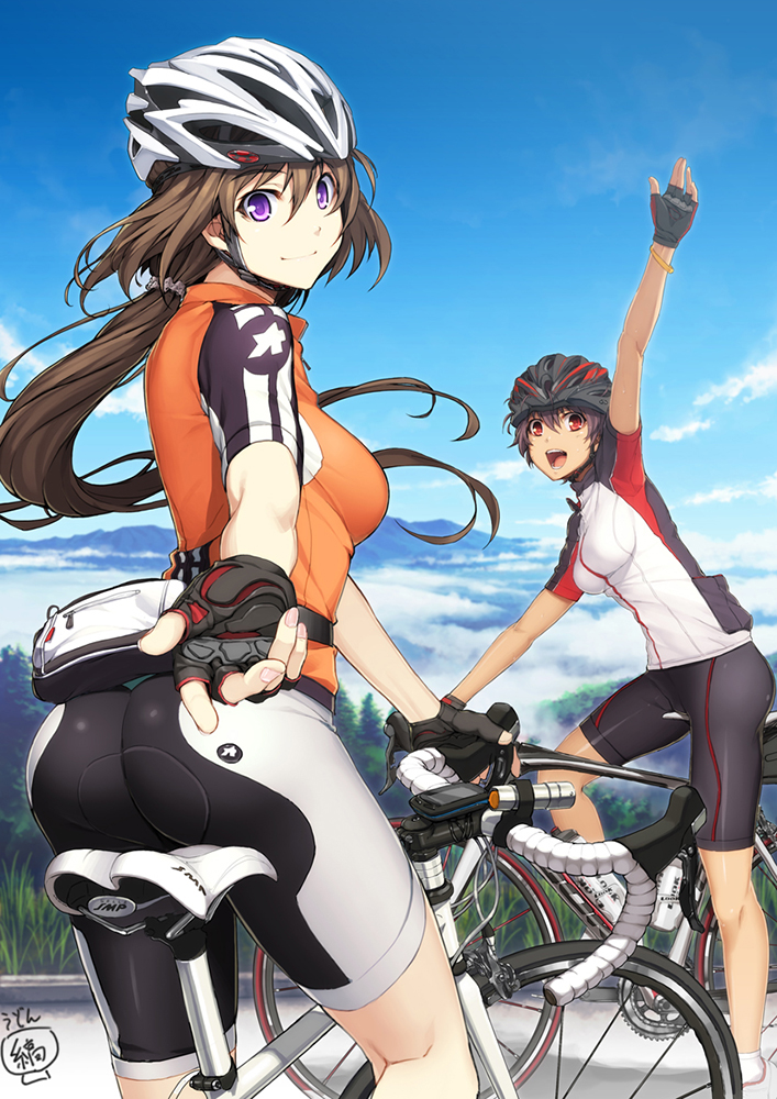 10s, 2girls, :d, arm_up, ass, bicycle, bicycle_helmet, bike_jersey